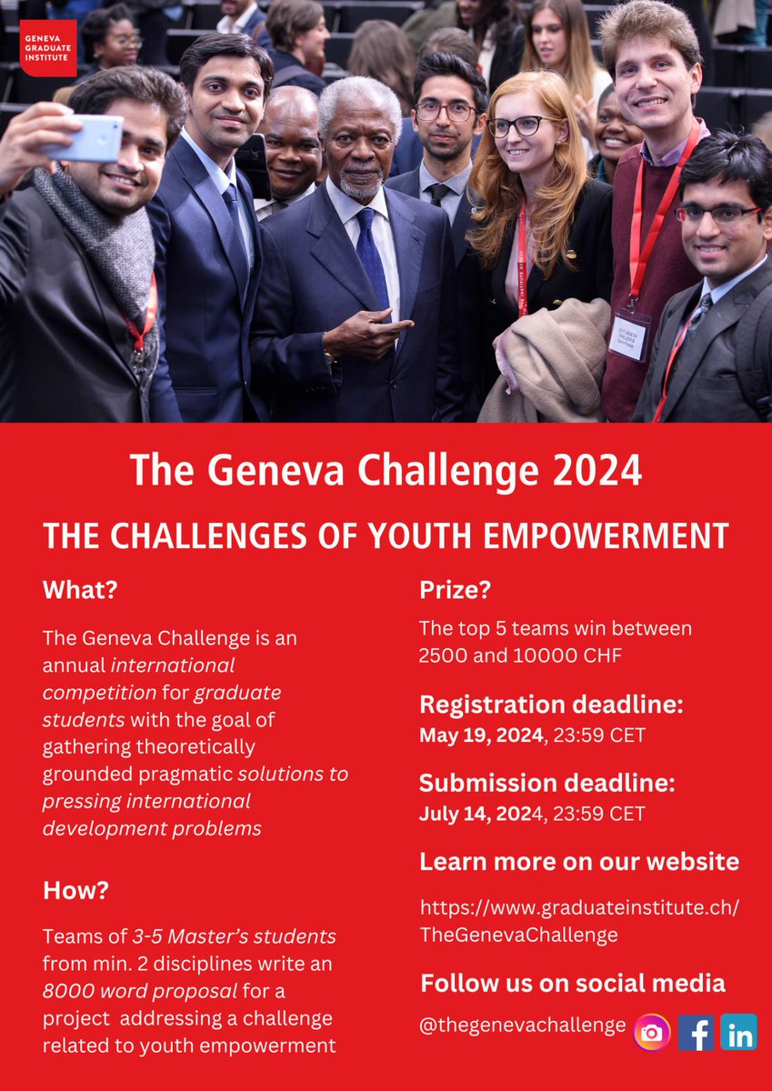 👩‍🎓👨‍🎓#MasterStudents! The 2024 Geneva Challenge aims to present innovative and pragmatic solutions to address the challenges of #YouthEmpowerment. 🌍 What is your solution? Register until the extended registration deadline,19th May! 👉graduateinstitute.ch/TheGenevaChall…