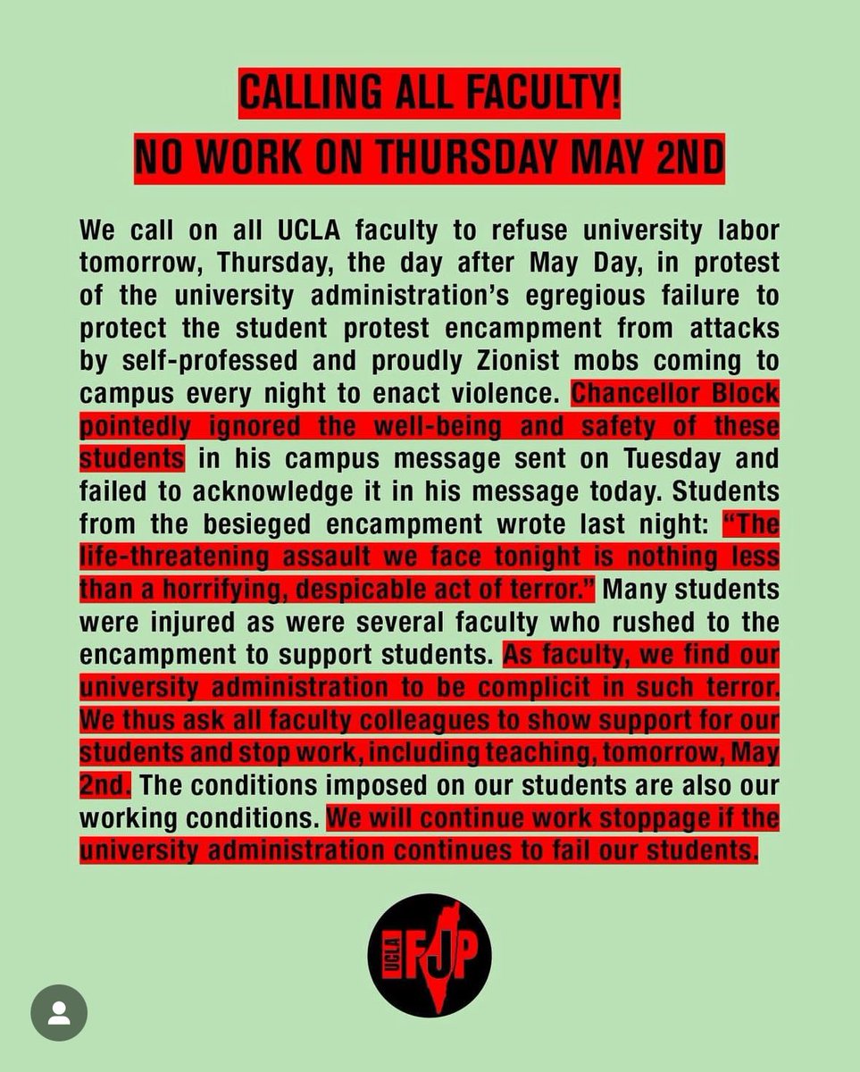 Admin at UCLA canceled classes today. Faculty calling for strike in support of students tomorrow! The way our students were left completely unprotected is shameful!!!