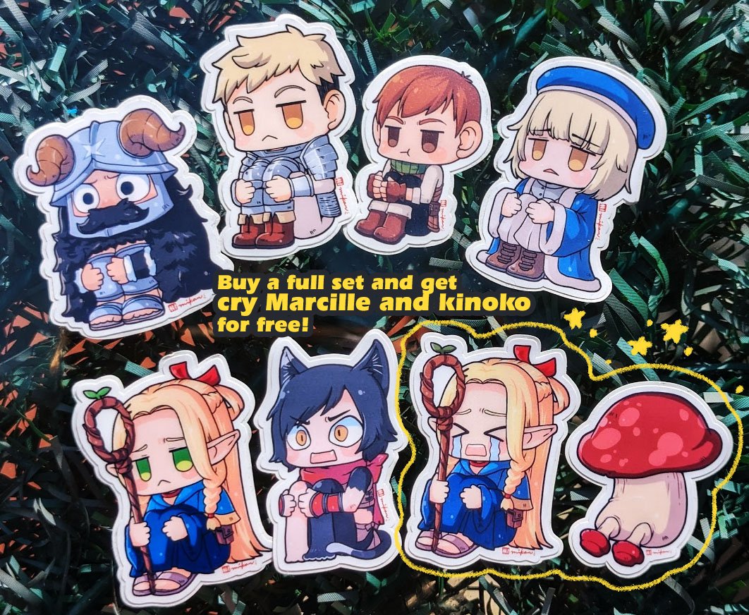 Finally I have some natural light to take photos of my Delicious in Dungeon st1ckers and they are now available! 🔗in my profile and comment below. Get Cry #marcille and #kinoko as gift when you get the full team! #djmikanart #deliciousindungeon #Dunmeshi #chibiart #fanart