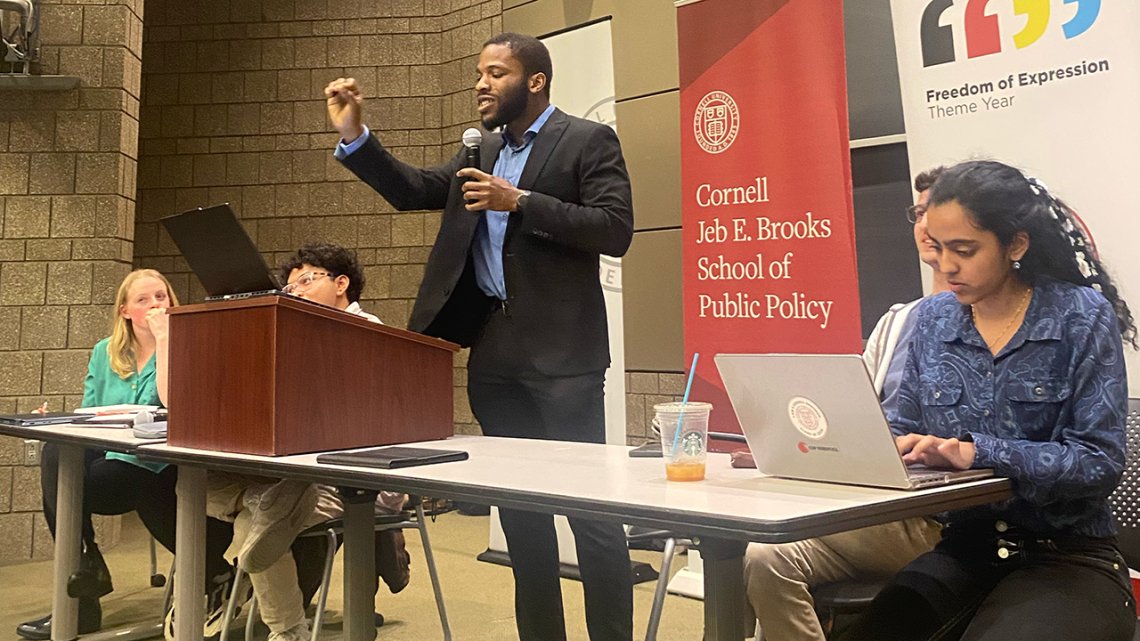 A&S students Daniel Obaseki ’24, and Ram Orfanel '25 argued on opposing teams during the debate, 'Is a policy of absolute freedom of speech, without exceptions, the best policy?' on April 10, the finale of a four-debate sequence led by @cornellilr news.cornell.edu/stories/2024/0…