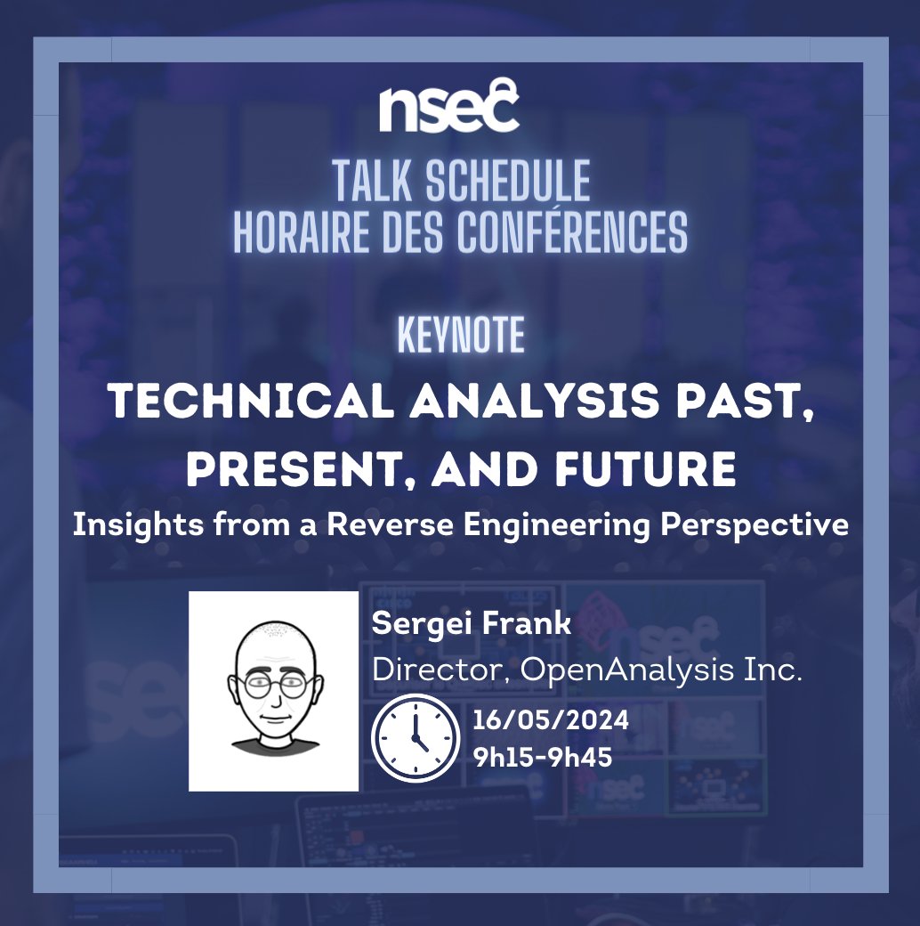 ✨Talk announcement 📣

Our opening keynote will be @herrcore with the talk:
La keynote d'ouverture sera  par Sergei Frankoff:

 'Technical Analysis Past, Present, and Future - Insights from a Reverse Engineering Perspective'

👉  ow.ly/hvm850RtWap