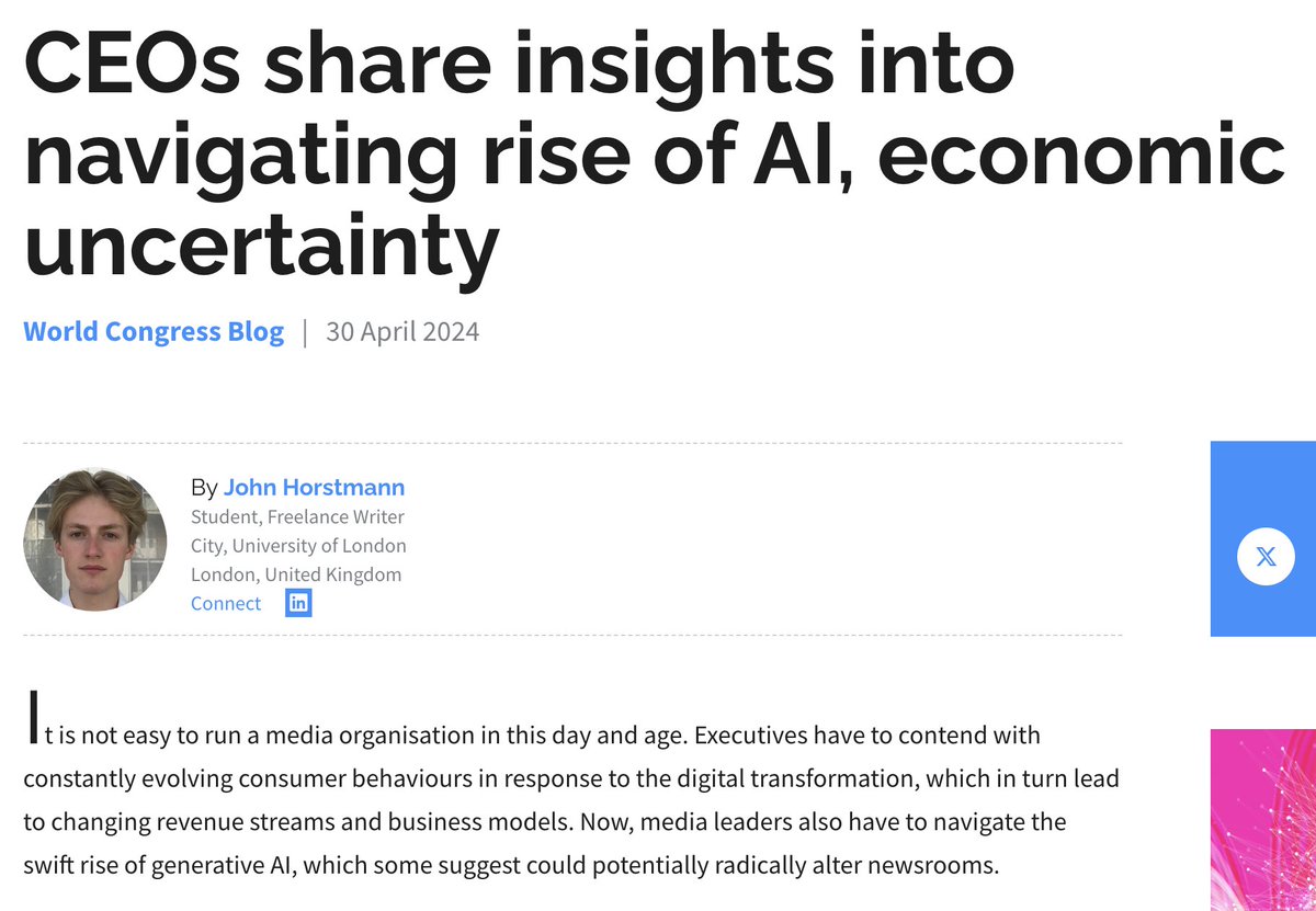 The rise of AI and a constantly shifting economic environment are adding to the challenges news executives are already facing, media leaders from Sky News, NZME, Hearst UK, and Il Sole 24 Ore told delegates at #INMA2024. ow.ly/SP5n50Rt8vg