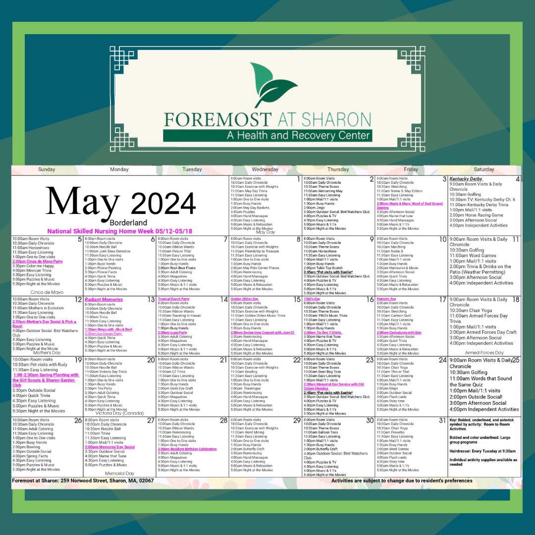foremost_sharon's tweet image. A month of fun awaits at Foremost at Sharon! Tune into our daily set of fun and stimulating activities and bask in the warmth of our community!

#MayFun #Calendar