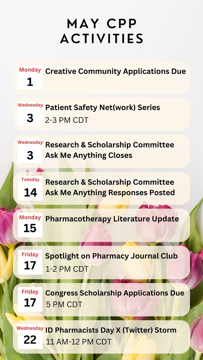 Check out the CPP Section events for May! 🌺 There are multiple opportunities to get involved this month. Be on the lookout for the CPP PLU and Ask Me Anything responses mid-month! 
#PharmICU