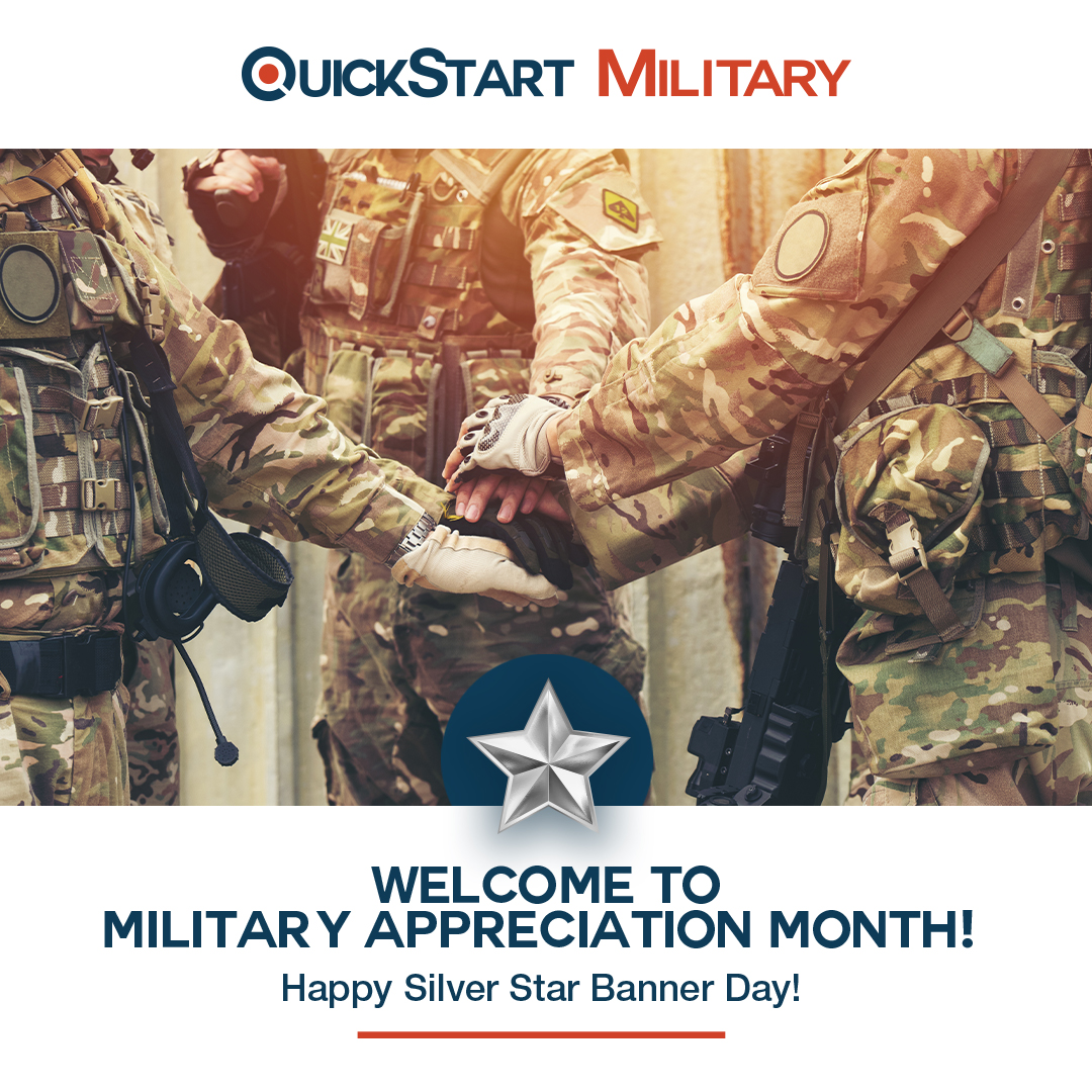 Happy #MilitaryAppreciationMonth and #SilverStarBannerDay! Today, we kick off this month-long tribute by honoring recipients of the Silver Star and all who have served.  quickstart.com/military/

 #VeteransSupport #MilitaryCommunity #ITTraining #CivilianCareers #SupportOurHeroes