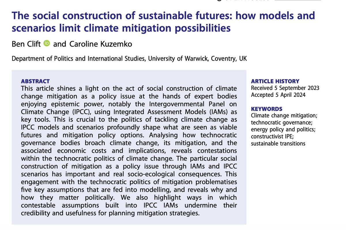 This incredibly thought-provoking and well-written paper by @clift_ben & @CarolineKuzemko made my head 🤯🤯🤯 Must-read for anyone working on climate #mitigation and energy transition policies and #IAM modelling! h/t @DrSimEvans @AOlhoff doi.org/10.1080/135634…