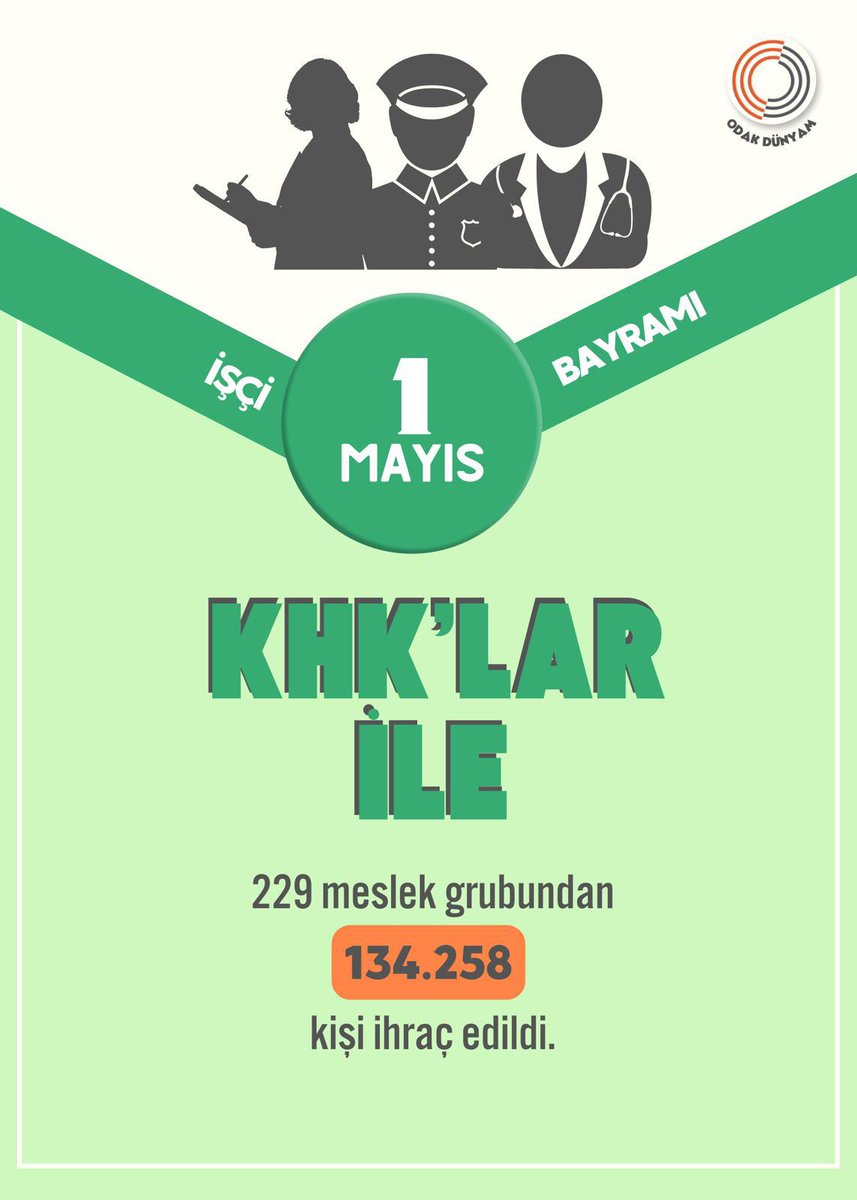 229 meslek grubundan
134.258 kişi ihraç edilmiş.
Emekleri çalınmış. 
En büyük hırsızlık emek hırsızlığıdır
EmeğiÇalınanların Bayramı

#1mayıs