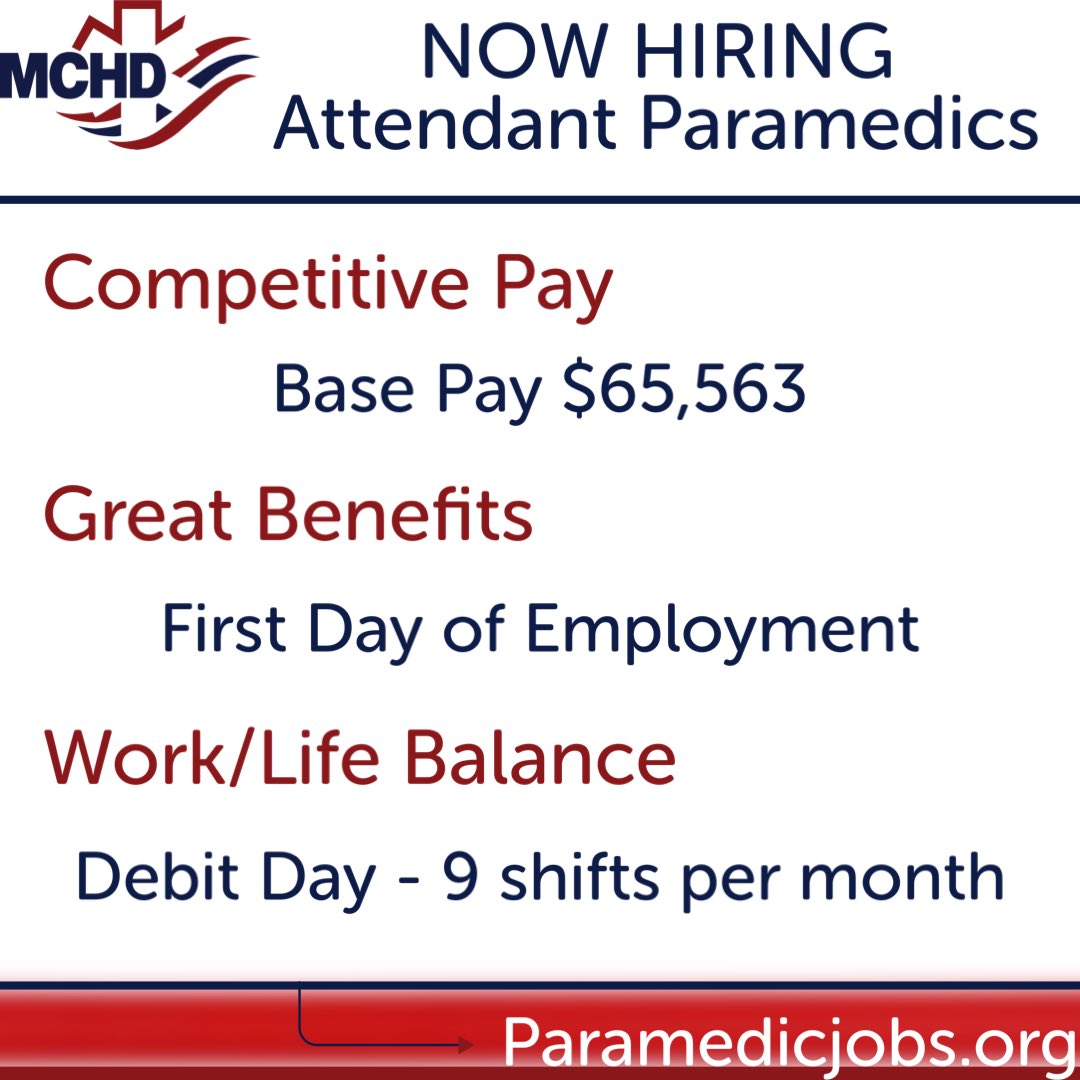 Just a reminder - the application process for Attendant Paramedics ends at midnight 5/1/24. Do you live far away? There are virtual testing options available. Good luck! Go to Paramedicjobs.org for more information. #ems #insidemchd