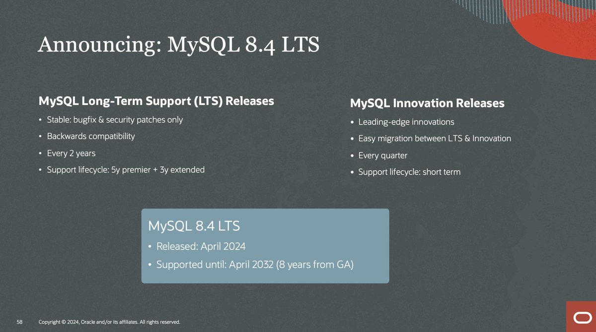 [MySQL and HeatWave Summit 2024] Keynote. Announcing MySQL 8.4 Long Term Support LTS. #MySQLSummit #MySQL