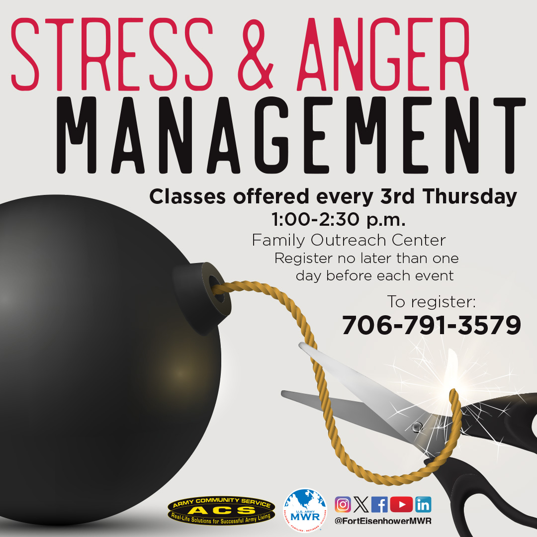 Let the Family Advocacy Program teach you the tools needed to resolve anger & stress in a healthy way by attending a Stress & Anger Management Class. The next class is on the 16th!

For more details or to register, please call (706) 791-3579.

#EisenhowerMWR #EisenhowerACS