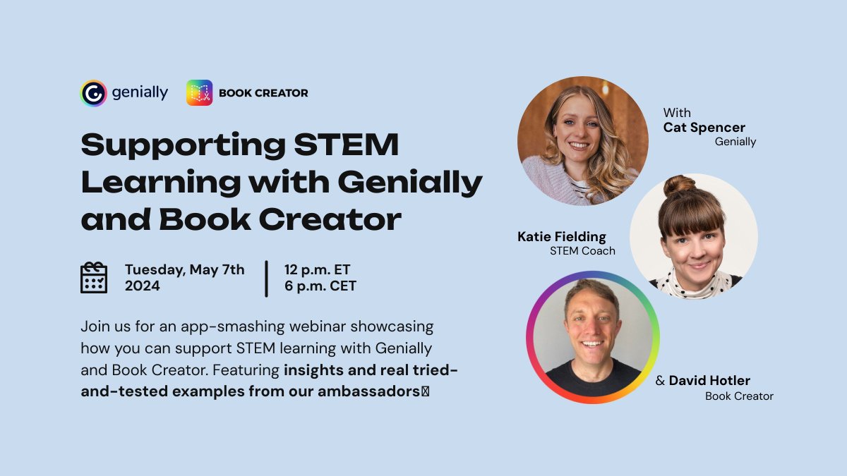 We've teamed up with @genially to bring you an APP-SMASH special on how to support #STEM learning with Genially and Book Creator. Join @KatieF, @dhotler and @CatSpencer21 next Tuesday and take away insights and top tips to use immediately. 🎊 Register at hubs.la/Q02vGtGr0