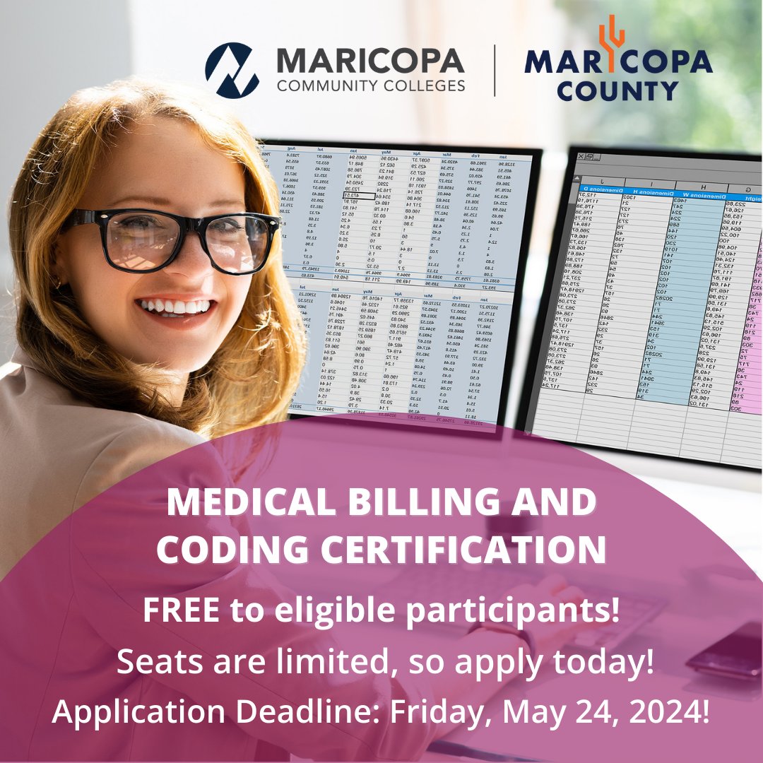 Become certified in Medical Billing and Coding in under 3 months! 💻

Choose from three locations: Gila Bend, Wickenburg, or Queen Creek. Best of all, it's FREE for qualifying participants! Deadline: May 24, 2024. 

Visit hubs.li/Q02vdmpl0 to learn more.

@maricopacounty