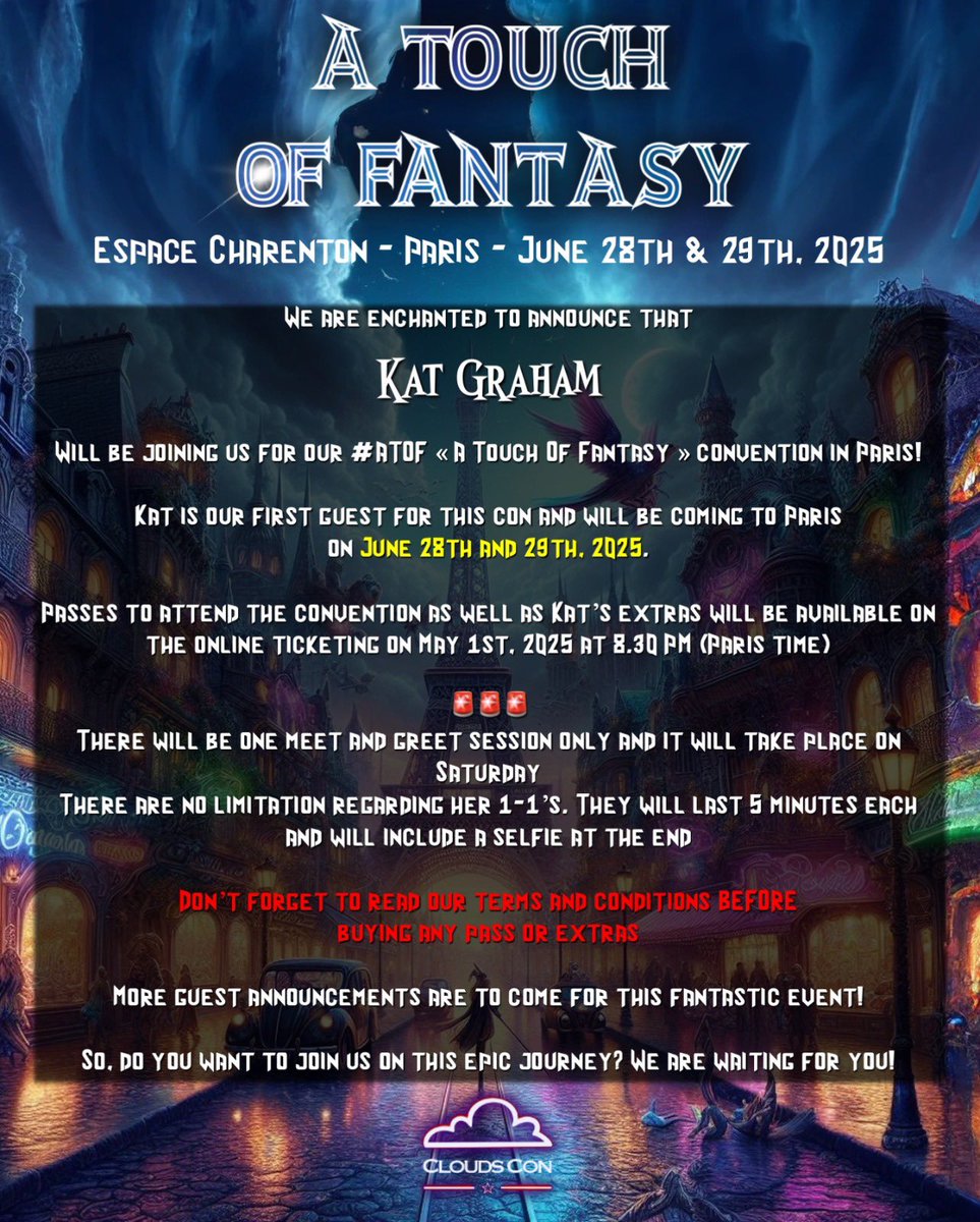 #ATOF #ATouchOfFantasy ✨

Nous sommes enchantés et fiers de vous annoncer la venue de KAT GRAHAM pour la A TOUCH OF FANTASY à Paris!

🗓️ Kat sera présente les 28 ET 29 Juin 2025
📍Espace Charenton, 327 rue de Charenton 75012 PARIS 🇫🇷
-------
We are so enchanted to announce that…