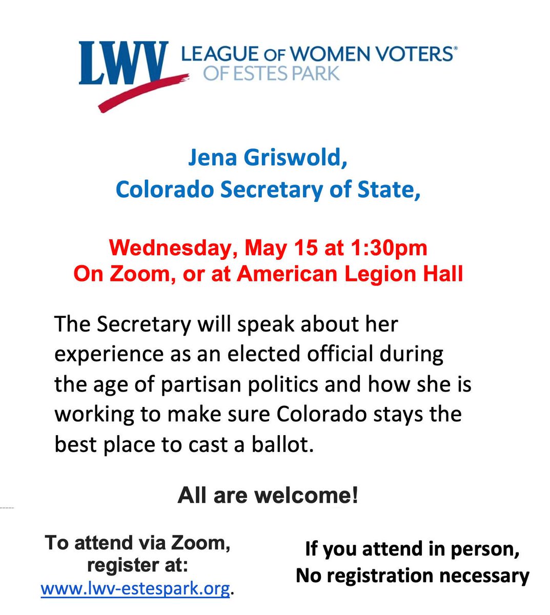 📢 Calling all Colorado residents! Don't miss LWV of Estes Park's event featuring Jena Griswold, Colorado Secretary of State, on Wed, May 15 @ 1:30 pm!

Hear firsthand about her commitment to preserving Colorado's voting integrity. 

Be there! FREE event: bit.ly/44rZoJw