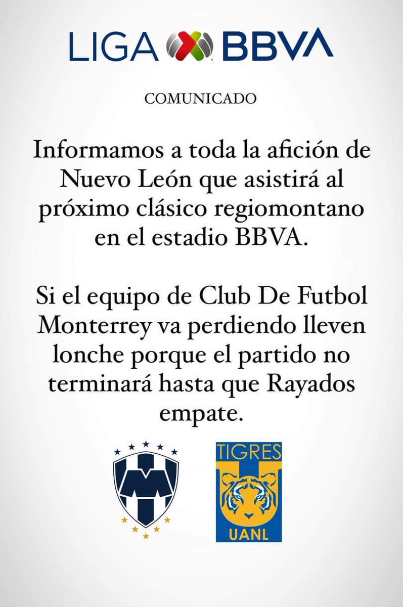 Comunicado de @LigaBBVAMX respeto al clásico.

#Tigres vs rayados