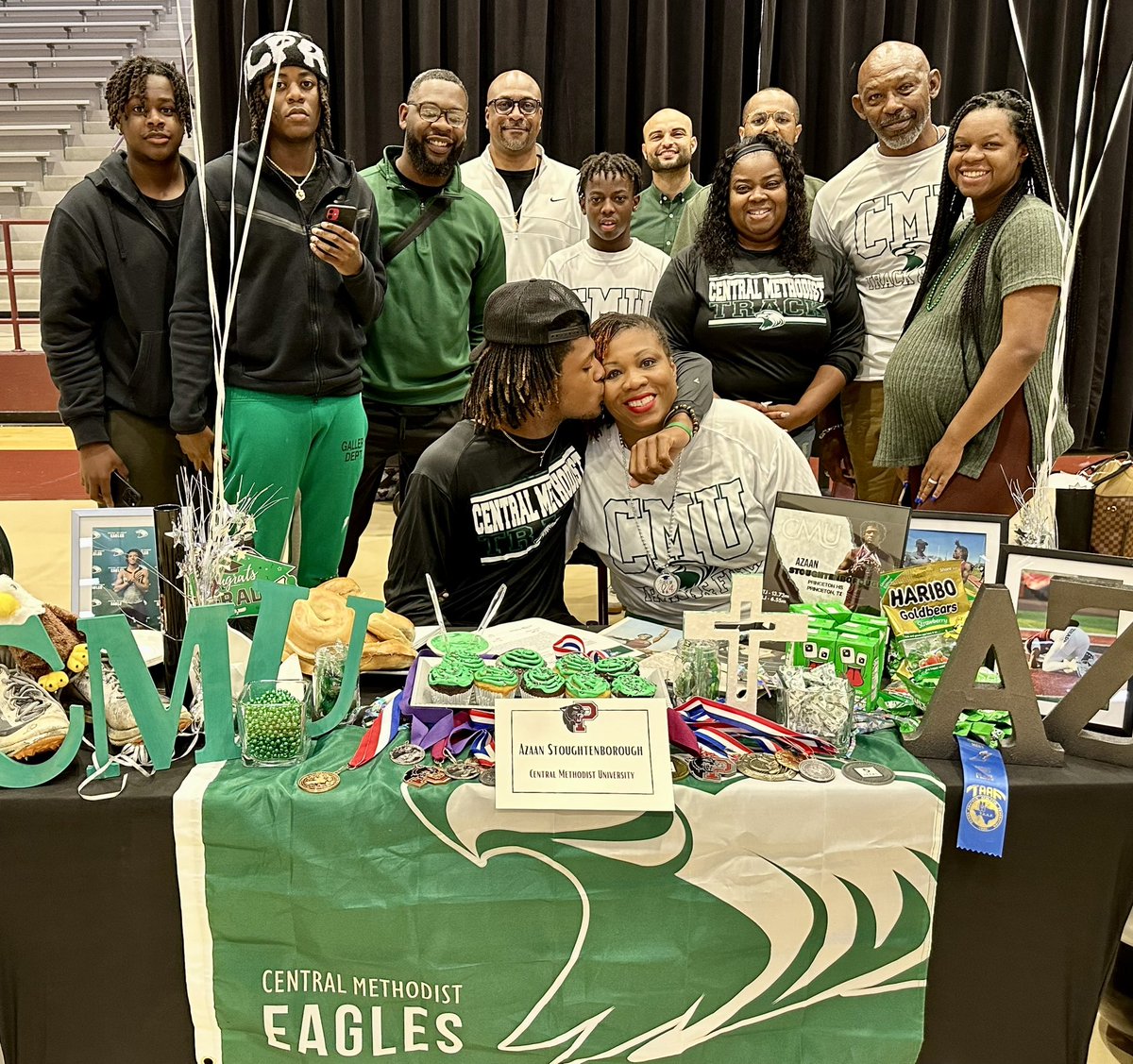 Azaan Stoughtenborough signed his letter of intent to compete in track and field at Central Methodist University, an NAIA school in Fayette, Mo., part of the Heart of America Athletic Conference. He was joined at the ceremony by his mom, Ebony Humphrey. @cmueagles #TakeFlight