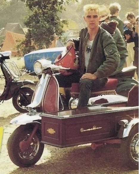 Stone Roses’ Ian Brown in 1982 with possibly the coolest coffin-shaped sidecar.