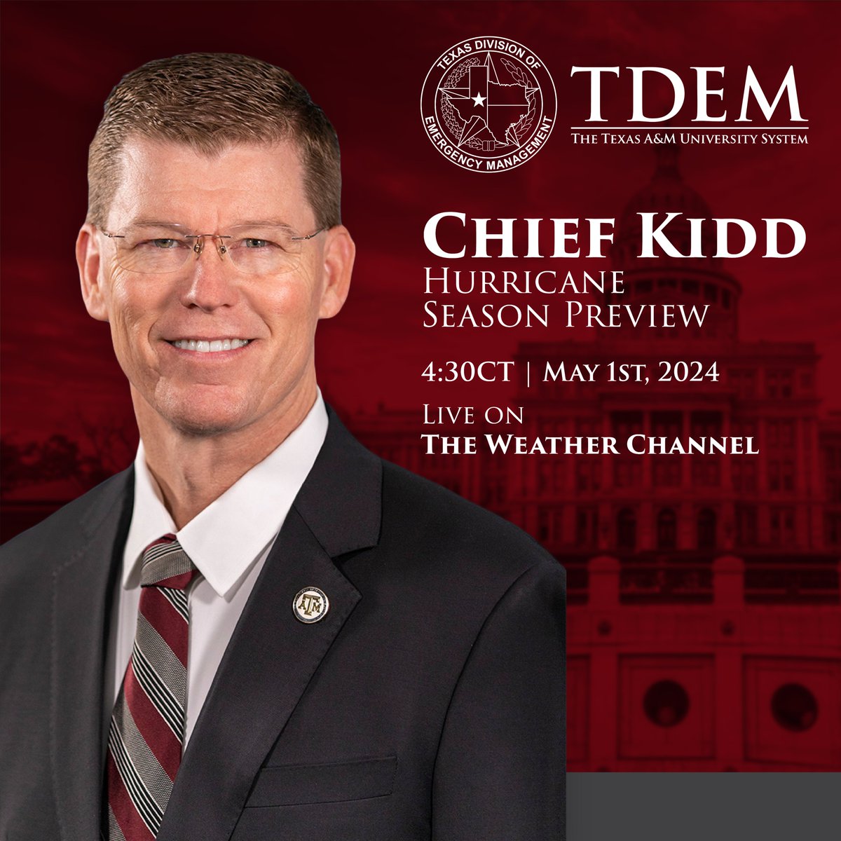 🌀HURRICANE SEASON IS COMING🌀 With hurricane season one month away, @chiefkidd will join @weatherchannel to preview this year’s outlook and share his message for Texans & anyone who could be impacted by tropical weather systems. Watch LIVE at 4:30 Central. #txwx #AreYouReady