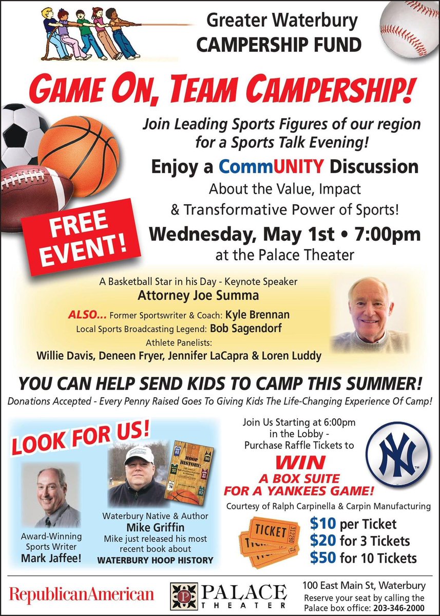 See you tonight at the Palace! Meet ⁦@TheRealJaffman⁩, talk sports, buy raffles to win 4 tickets to a luxury skybox at Yankees Stadium, and send local kids to camp this summer!