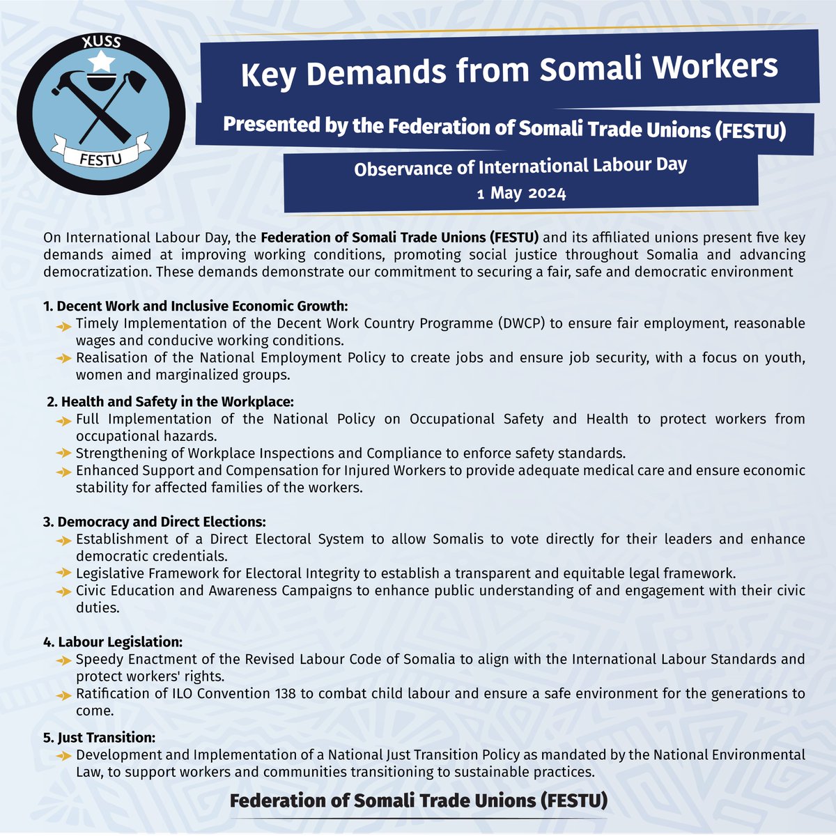 On #LabourDay, @festusomalia and its affiliated trade unions present five key demands, aimed at improving working conditions, promoting social justice throughout #Somalia and advancing democratisation. #MayDay #LabourDay2024 #ForDemocracy @AkhatorO