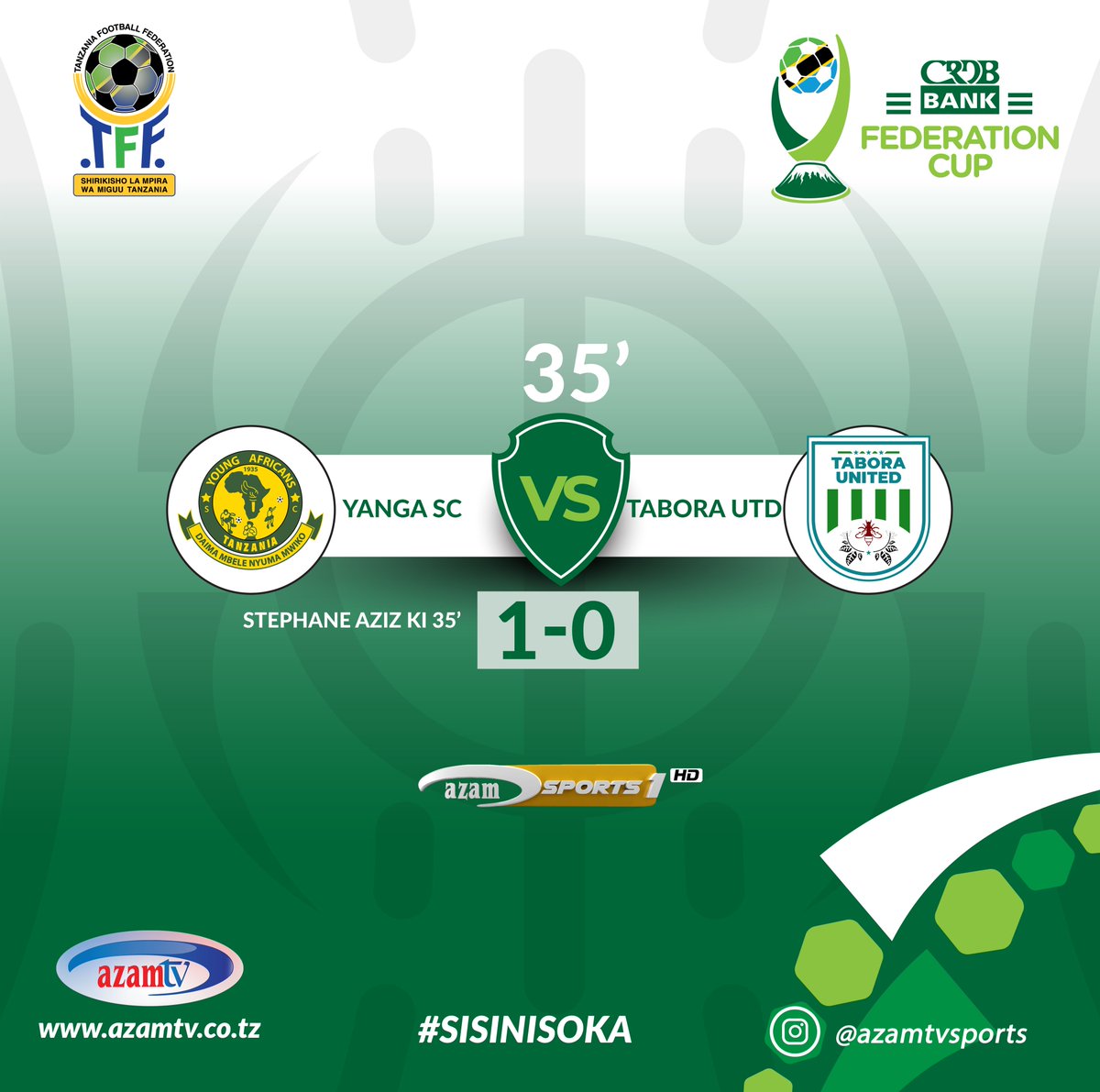 35’ | #CRDBBankFederationCup 

Yanga 1-0 Tabora United

LIVE #AzamSports1HD

#CRDBBankFederationCup #KombelaShirikisholaCRDBBank #FACup #RoboFainali #YangaSC #TaboraUnited #YangaTaboraUnited