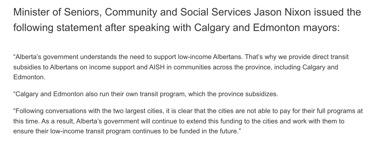 Very good to see a return to sanity here from the UCP government. Public pressure worked in this case to get the right result. Still, the question remains, why was it necessary? #ableg #yeg #yegtransit