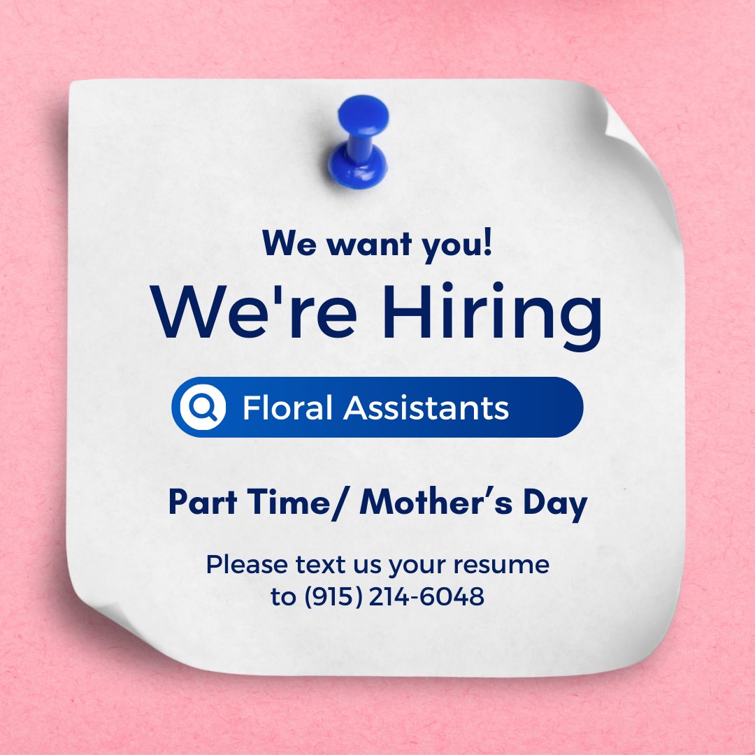 Work with us this Mother’s Day!
El Paso, we are hiring part-time assistants. Please text your resume to (915) 241-6048 to be considered for an interview. 

HIRING IMMEDIATELY! 

#elpasojobs
#elpasoemployment
#elpasotexas 
#elpasostrong 
#elpasojob 
#elpasotrabajo