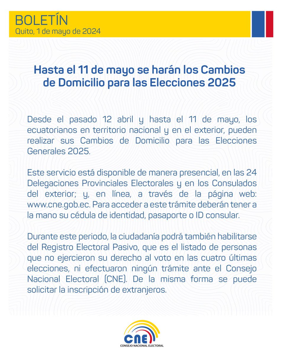 ATENCIÓN 🟡🔵🔴 ¡Tienes hasta el 1⃣1⃣ de mayo para realizar el #CambioDomicilioElectoral para las #Elecciones2025Ec!🗳️ 📍 Solicita el trámite de forma presencial en nuestras 24 Delegaciones Provinciales Electorales. 📲🔍 También puedes hacerlo de forma virtual: 🏠⤵️ 👉🏽 Dentro…