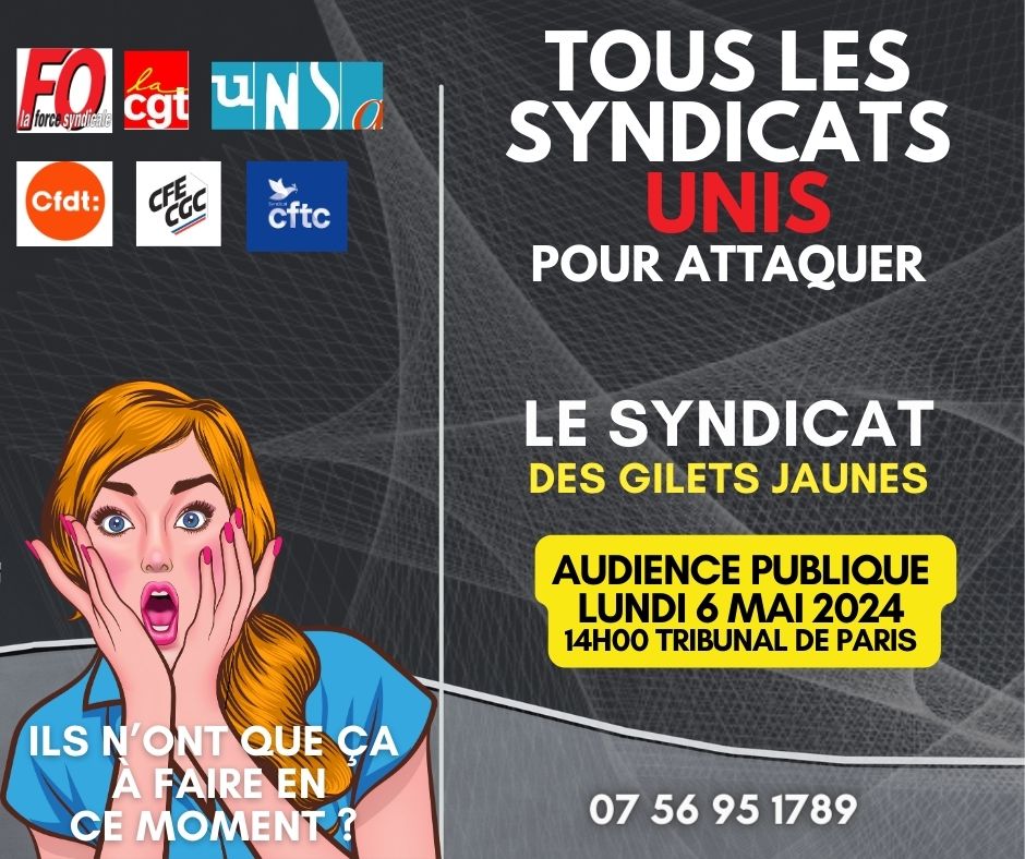 Pour nous empêcher de participer aux #électionsTPE, tous les #syndicats se sont appelés, ont pris le même avocat, ont monté un dossier pour nous attaquer au tribunal ! Audience au TJ de Paris, Porte de Clichy le 6 mai à 14h00. 👉 syndicatgj.fr #GiletsJaunes @anatolium