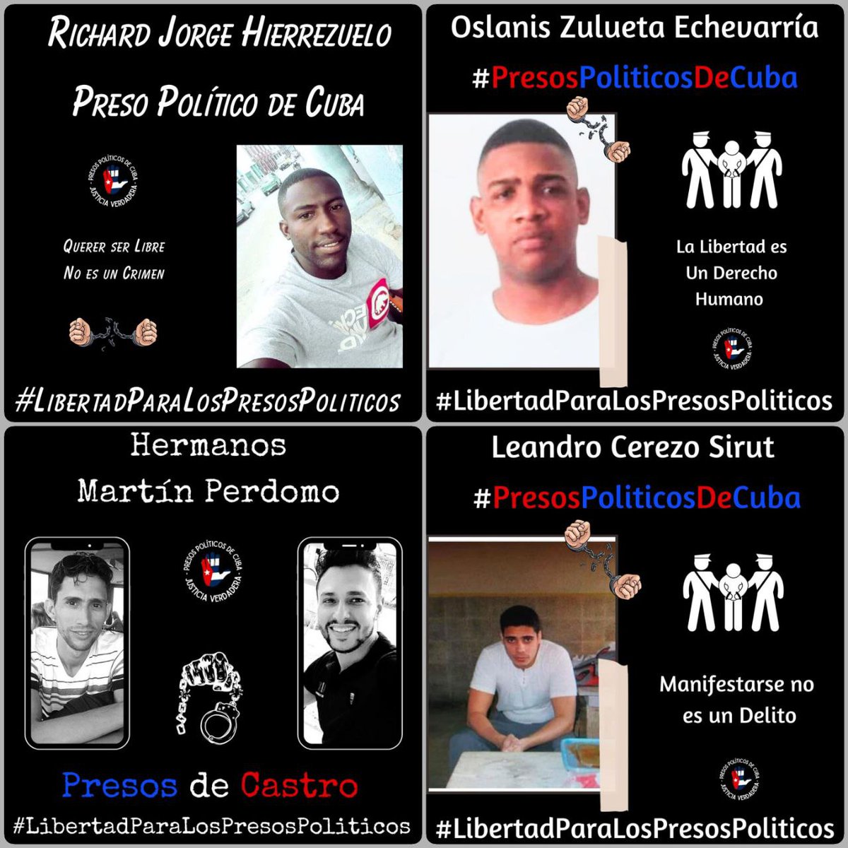 #Twittazo Libertad para los #PresosDeCastro. Son inocentes. No pararemos de denunciar y pedir su libertad. 🇨🇺💪🏻
.
.
.
#HastaQueSeanLibres 
#PresosPoliticosDeCuba
#LibertadParaLosPresosPoliticos