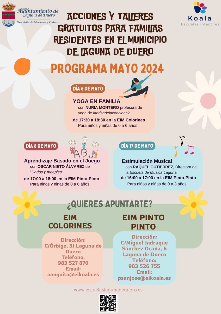 Estos son los talleres gratuitos organizados en las Escuelas Infantiles Municipales para las familias de Laguna de Duero durante este mes de mayo. No pierdas la oportunidad de participar en ellos... 👨‍👩‍👧‍👦👨‍👦👩‍👦

#LagunadeDuero #ConcejalíadeEducación #talleresparafamilias
