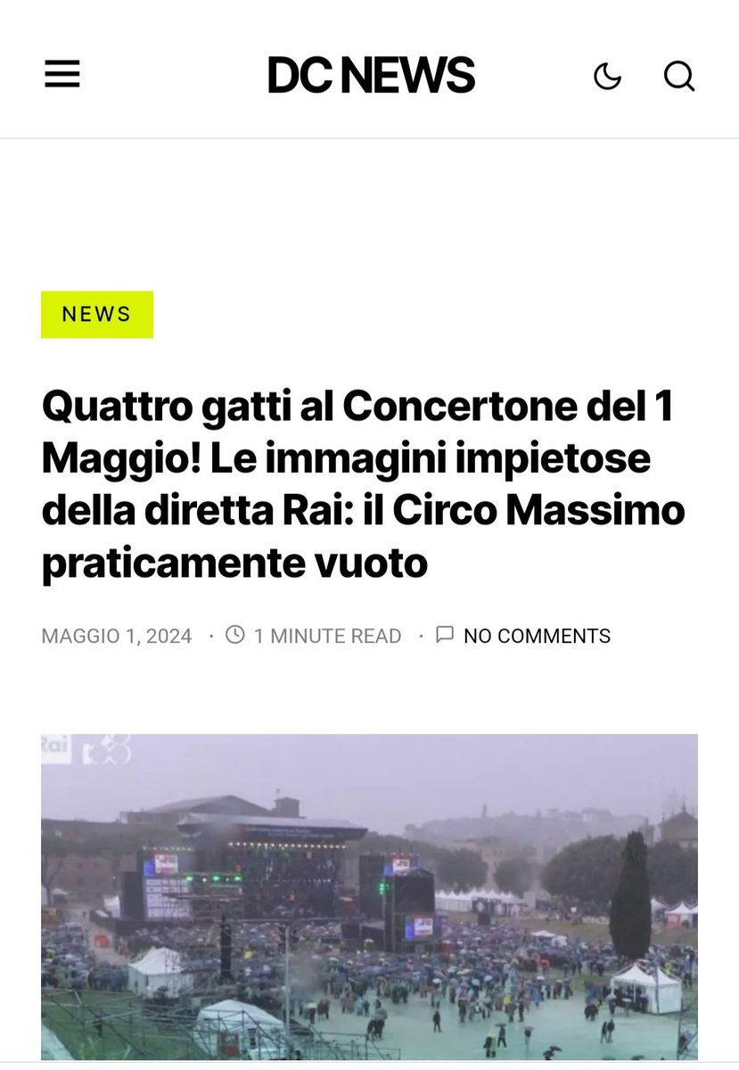 CONCERTONE DEL 1 MAGGIO NON È ANDATO TUTTO BENE Oltre alla scarsa presenza di pubblico, l’avvio del Concertone è stato disturbato da gravi problemi tecnici che hanno impedito l’avvio dello spettacolo: strumentazione ko per i cantanti'