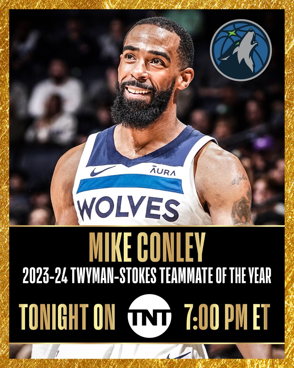 Tune in to @NBAonTNT tonight at 7 p.m. ET to watch the 'Inside the NBA' team speak with @Timberwolves guard and 2023-24 Twyman-Stokes Teammate of the Year winner Mike Conley.