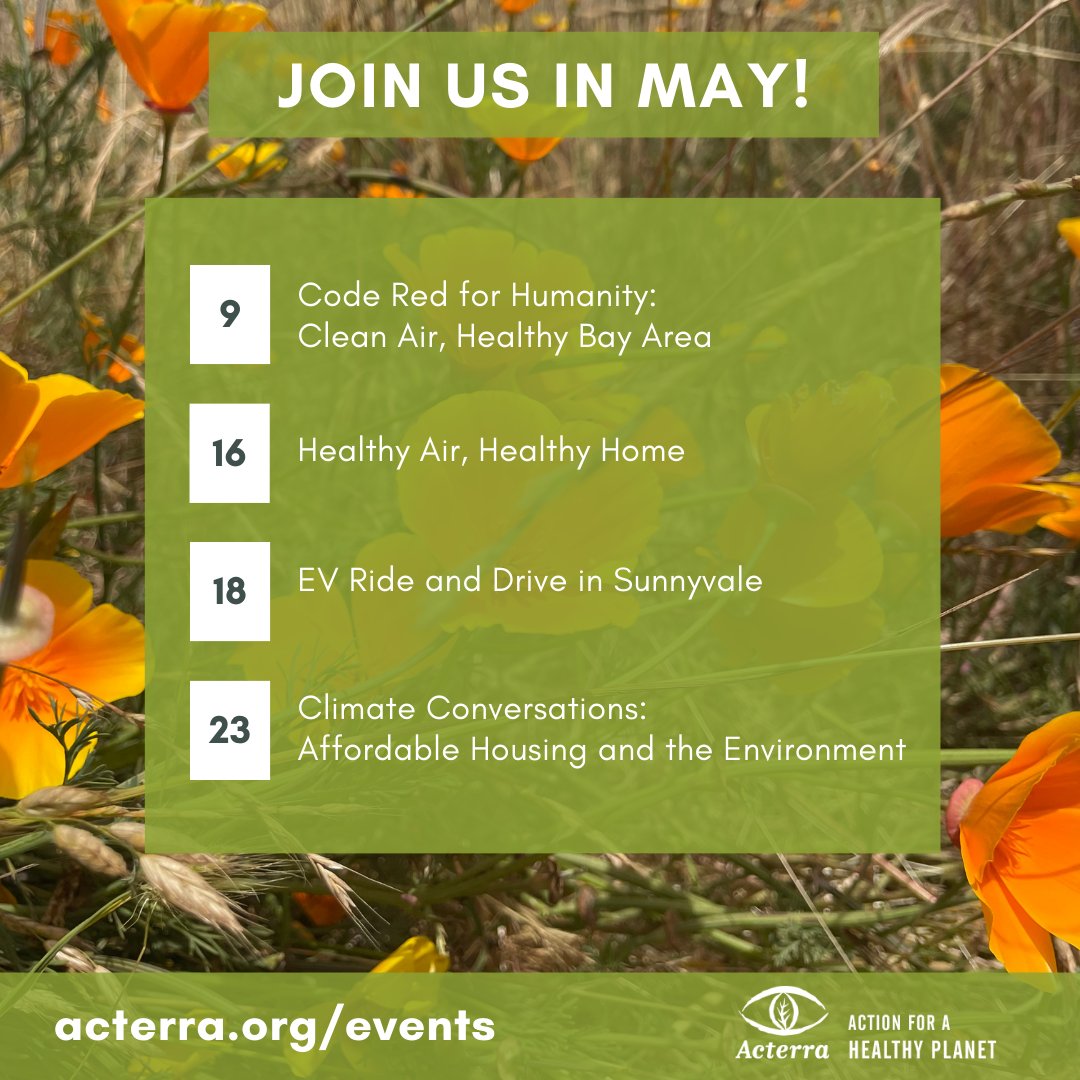 Happy Wednesday! Can you believe it's May already? Don't miss out on exciting events like Acterra's 'Code Red for Humanity' and the EV Rode and Drive. RSVP: acterra.org/events. Let's make May amazing together! 🌟 #ExcitingEvents #CodeRedForHumanity #RSVP #BayAreaEvents