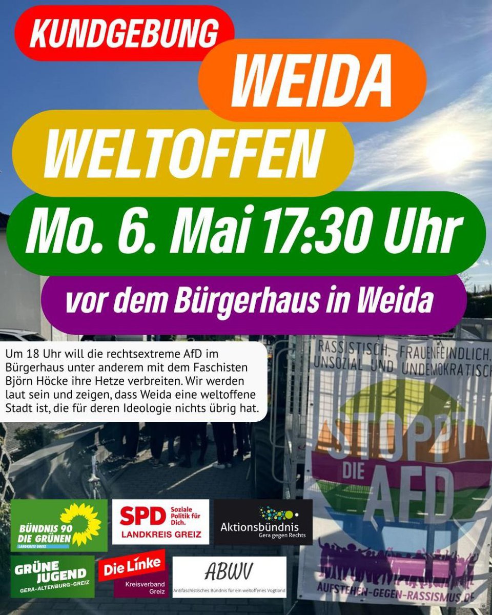 Nächsten Montag hat die #fckafd im Bürgerhaus in #Weida einen sogenannten Bürgerdialog angekündigt. Dort soll der Faschist Höcke ebenfalls vor Ort sein. Wir sagen Nein zu menschenverachtender Hetze und blindem Hass. #noafd #weidaweltoffen #niewiederistjetzt