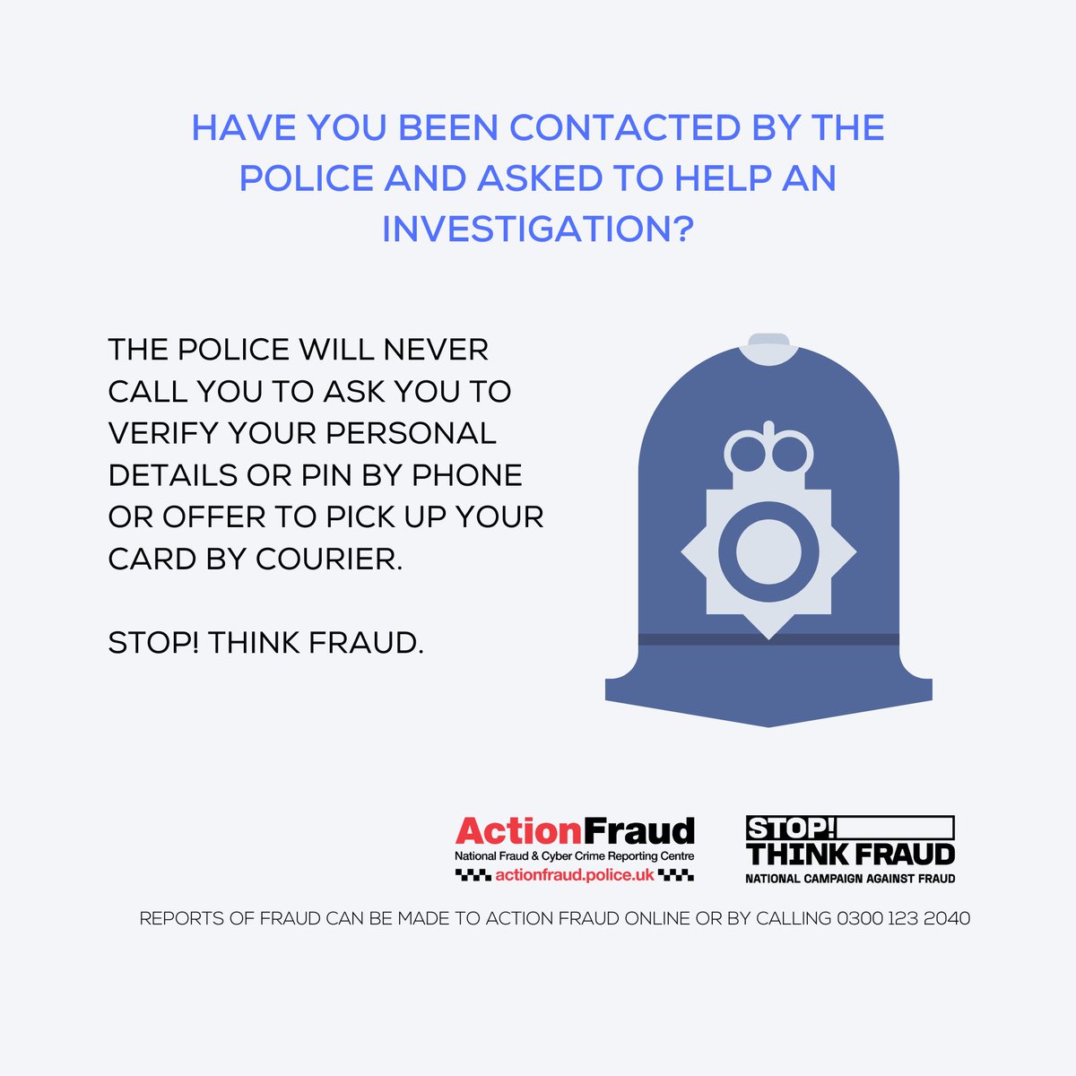 Criminals posing as police officers is common with courier fraud. They may try to convince you that you are helping an investigation by handing over money or purchasing gold. If this happens, hang up and dial 999. You can also make a fraud report at orlo.uk/action-fraud_W…