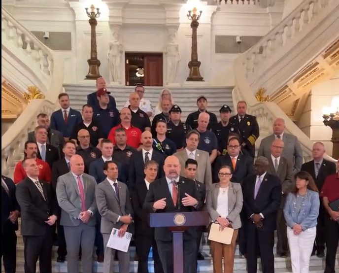 PPFFA president Bob Brooks speaks at the state capitol in support of House Bill 1632 (@RepOMara) and Senate Bill 365 (@senbartolotta), which will establish a standard for First Responders to be entitled to worker’s compensation benefits due to Post-Traumatic Stress Injuries