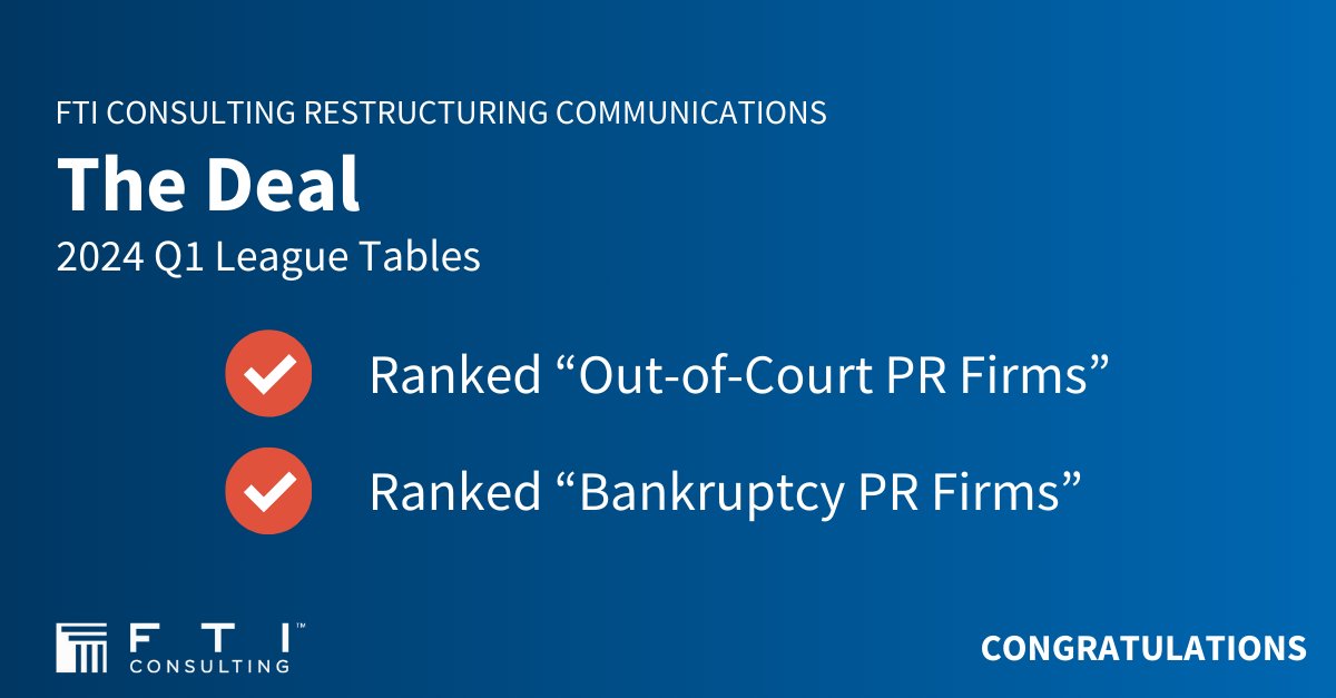 In @TheDealNewsroom's latest quarterly league tables, our #RestructuringCommunications team has once again been recognized among the best PR firms for bankruptcy and out-of-court restructuring. Learn more about our team here: bit.ly/3wdpP95