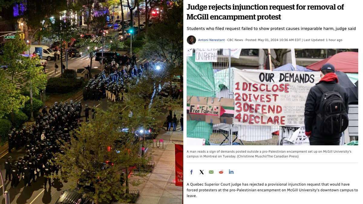Interesting to contrast the response to encampments in the US and Canada. At the one at McGill University in Montreal, police and the courts have declined to get involved, citing no crimes being committed, and no disturbance to the functioning of the university. No violent…