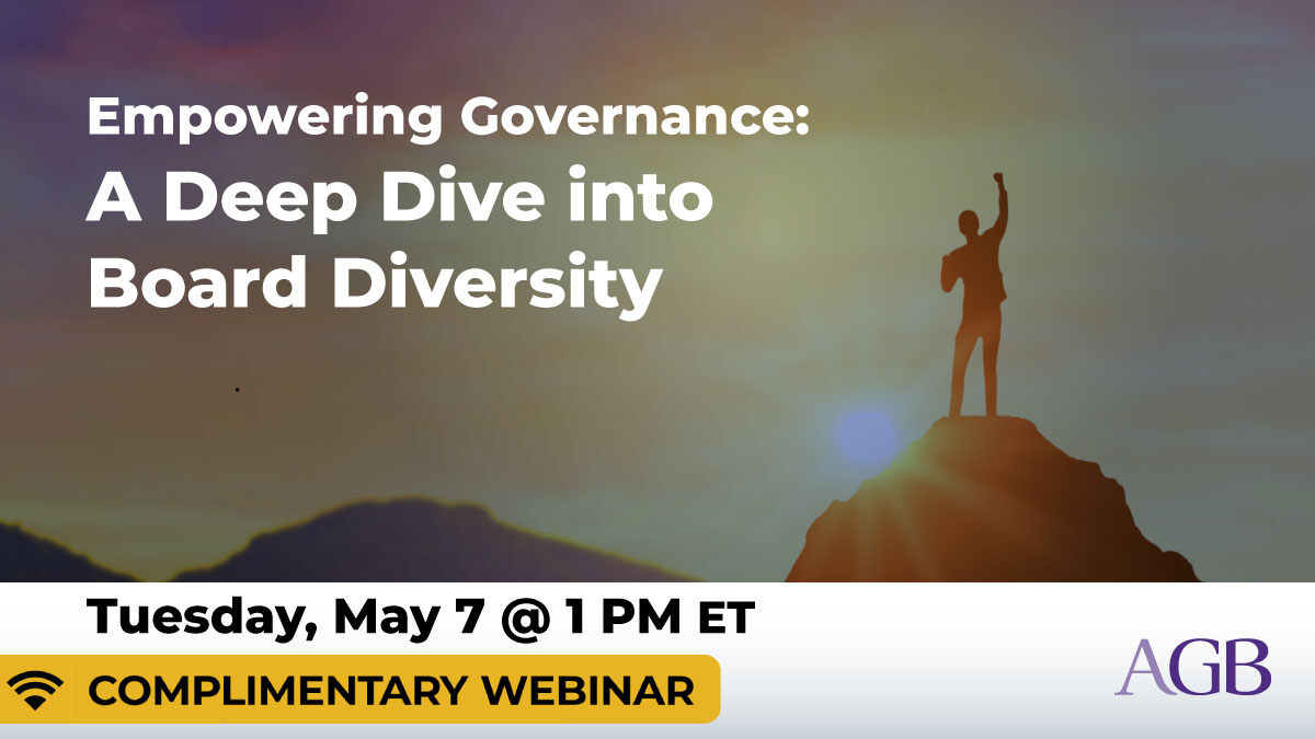 Building on AGB's latest report 'Diversifying the Governing Board' & our 2021 survey on practices, policies & composition of governing boards, this webinar session explores the advancements & strategies in diversifying the composition of governing boards. bit.ly/3xZs4gC