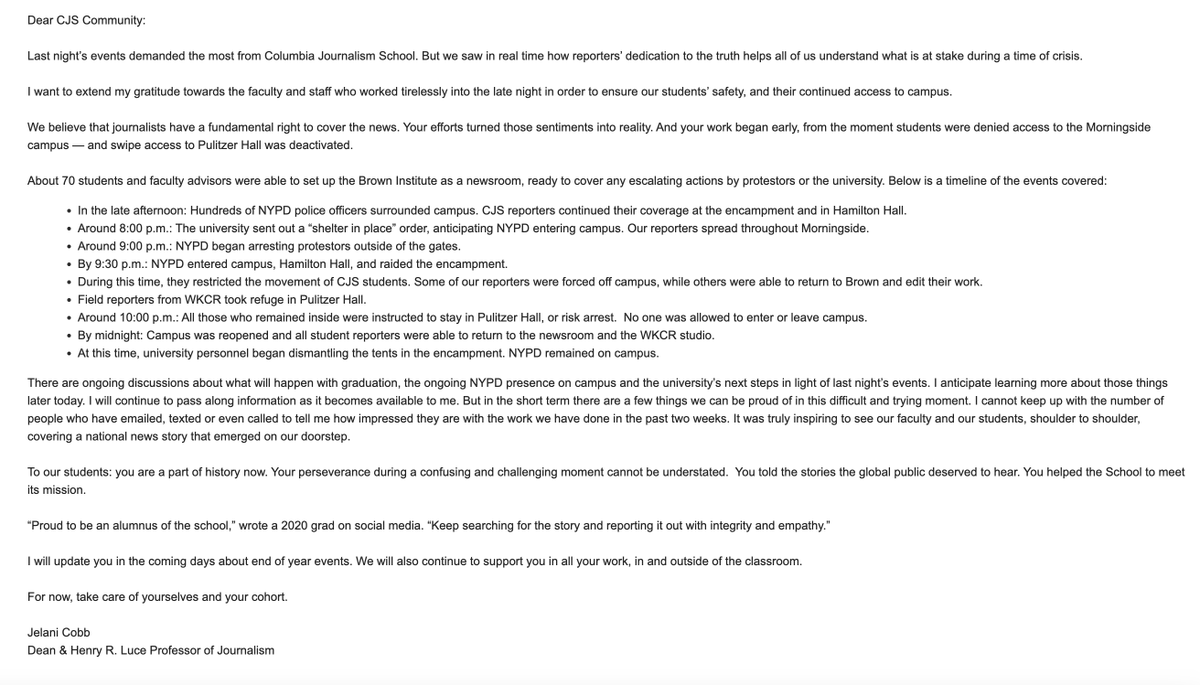 New: Here's the email that Columbia Journalism Dean Jelani Cobb sent to the school's faculty on police arrests of protesters last night.