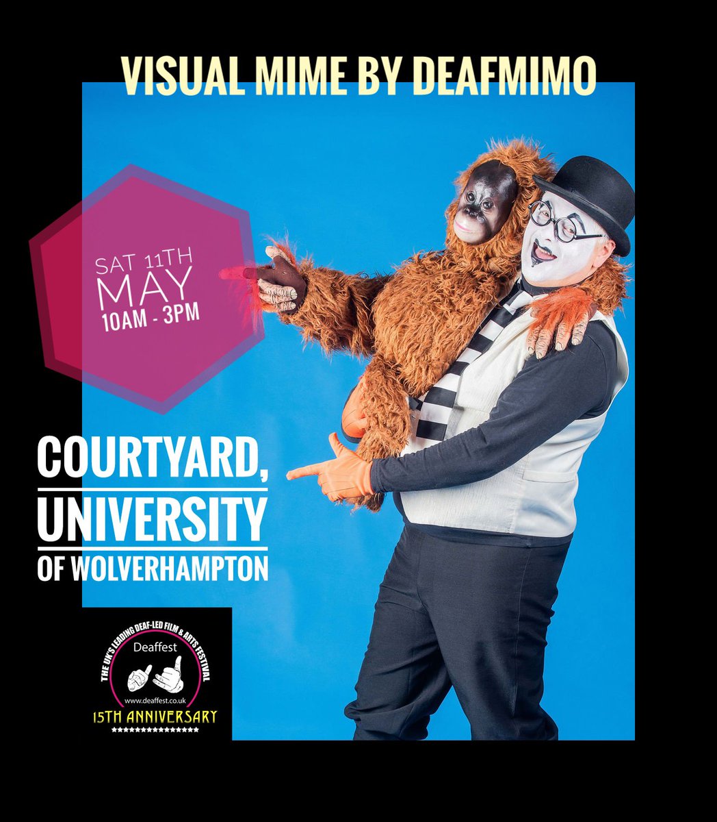 👀 out for DeafMimo around the courtyard at #Deaffest 2024! He will entertain you with his impressive miming skills along with his Charlie Chaplin-inspired facial expressions + comical movements. His pal, the orangutang, will also be delighted to meet you! #TuneintoDeaffests15th