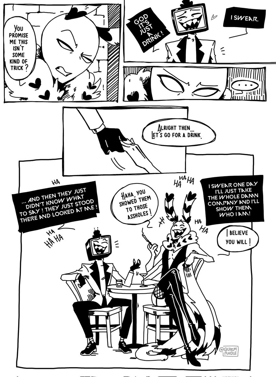 Kind of a follow up of my last comic about the day they met ❤️📺🦋❤️ Vox doesn't know yet he is in love, and Val doesn't know yet that this TV man is going to be his hubby #HazbinHotel #HazbinHotelFanart #HazbinHotelVox #HazbinHotelValentino #Staticmoth #VoxVal