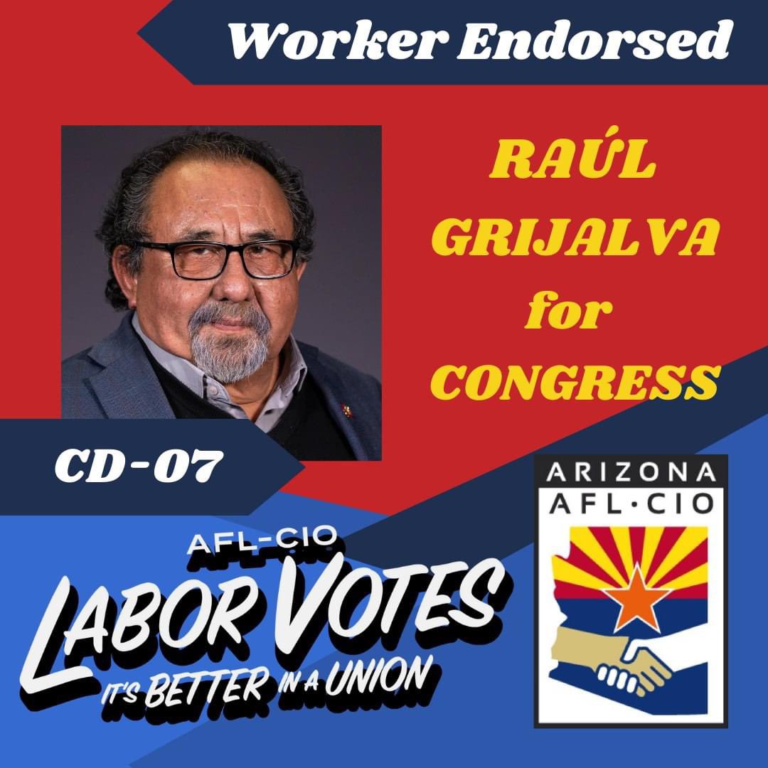 Arizona AFL-CIO is proud to endorse Greg Stanton and Raul Grijalva for Congress! These two incumbents have proven time and time again that they support unions and workers' rights.
#LaborVotes #ItsBetterInAUnion