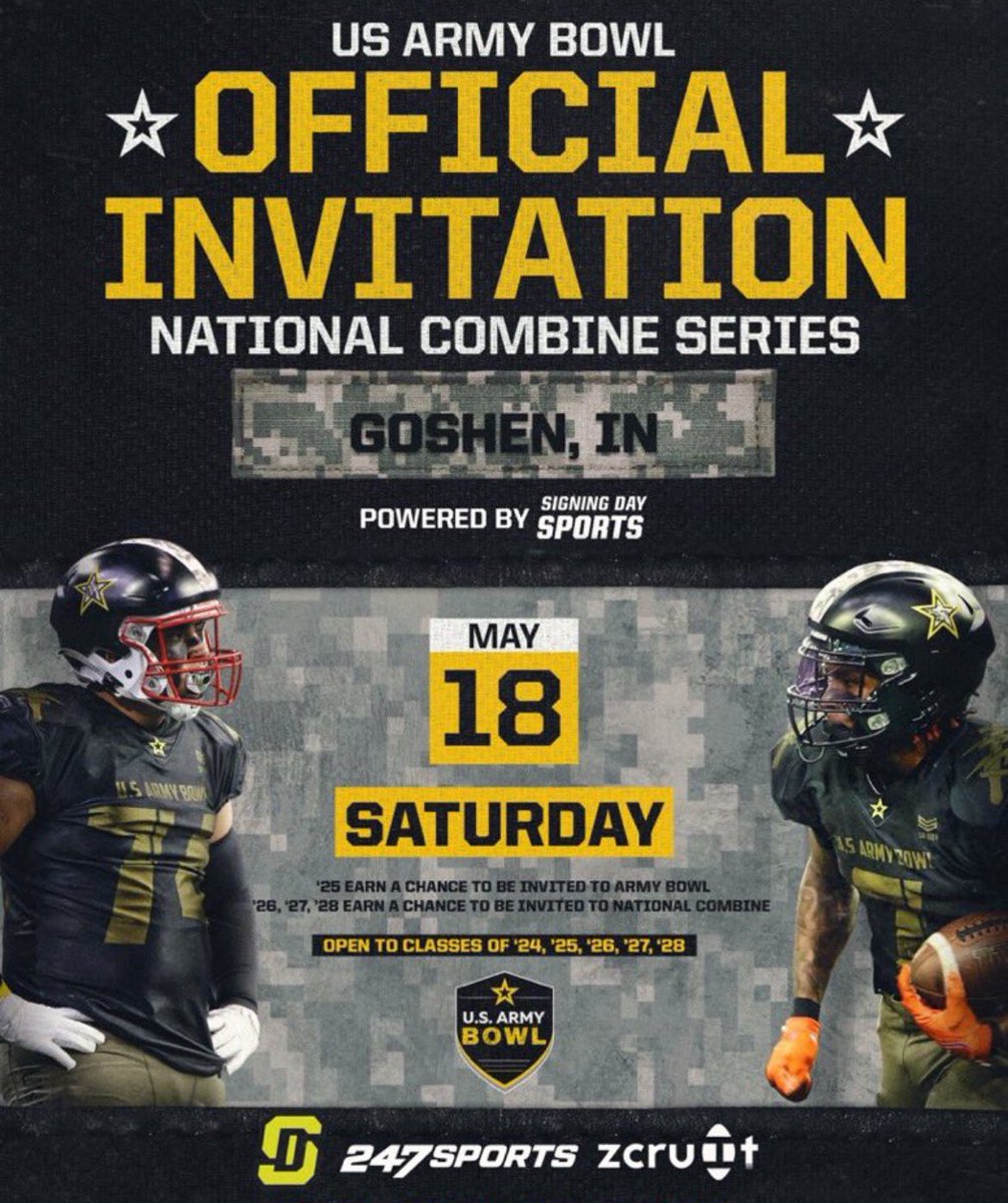 Thank you @CoachTylerFunk for the camp invite to the US Army Bowl! @CoachChris_Roll @AllenTrieu @EDGYTIM @gomab_3 @247Sports