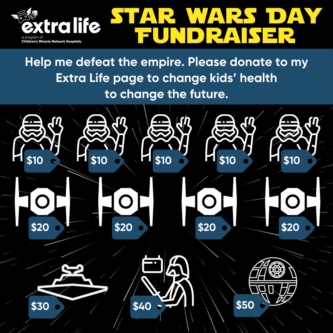 Calling all Rebels!

You're my only hope to #ChangeKidsHealth w/@ExtraLife4Kids @ExtraLifeTO @sickkids!

See the intel below on how to defeat the Empire!
And as always, May the 1st Be With You.

Watch: youtube.com/risen72 (& #Twitch!) Donate: extra-life.org/participant/ri…
SHARE!