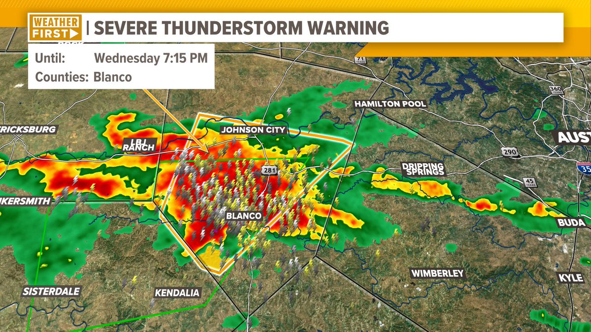 The storm advisory has been upgraded to a Severe Thunderstorm Warning for Blanco County until 7:15 p.m. for ping pong ball sized hail and 60 mph winds. Get those BMWs, Nissans, Aston Martins and Toyotas in the garage to avoid damage if you're in Blanco! #ATXWx #TXWx