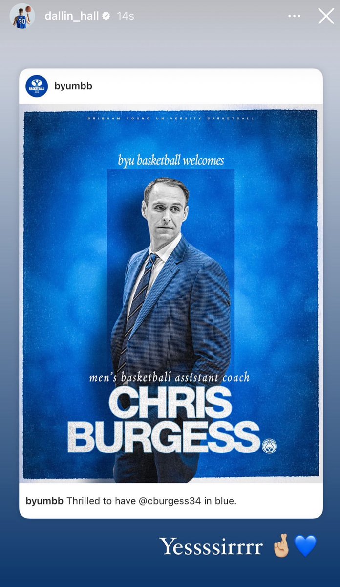 Dallin Hall is a fan of Chris Burgess joining #BYU’s staff. His reaction on Instagram: #BYUHoops