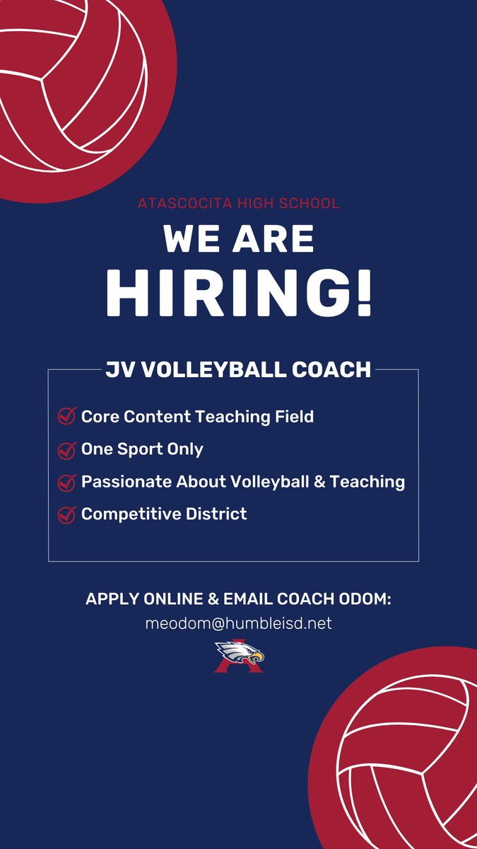 Atascocita is looking for a JV Volleyball Coach! 🏐 One sport only, core content teaching field. Please apply online & email Coach Odom. applitrack.com/humbleisd/onli…