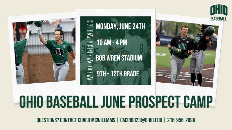 Register today for the Bobcat Baseball June Prospect Camp! ⚾️😼 On Monday, June 24th, make your way down to Bob Wren Stadium and show us what makes YOU a college baseball prospect! Register today, spots are limited! campscui.active.com/orgs/OhioUnive…